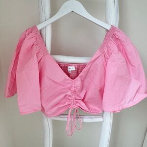 Mable Puffed Bell Sleeve Front Tie Crop Top Pink Size Medium